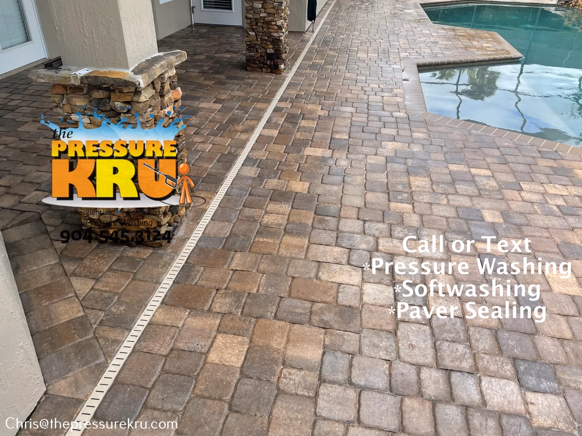 Pool deck pavers cleaned and rinsed in St. Johns, FL. After.