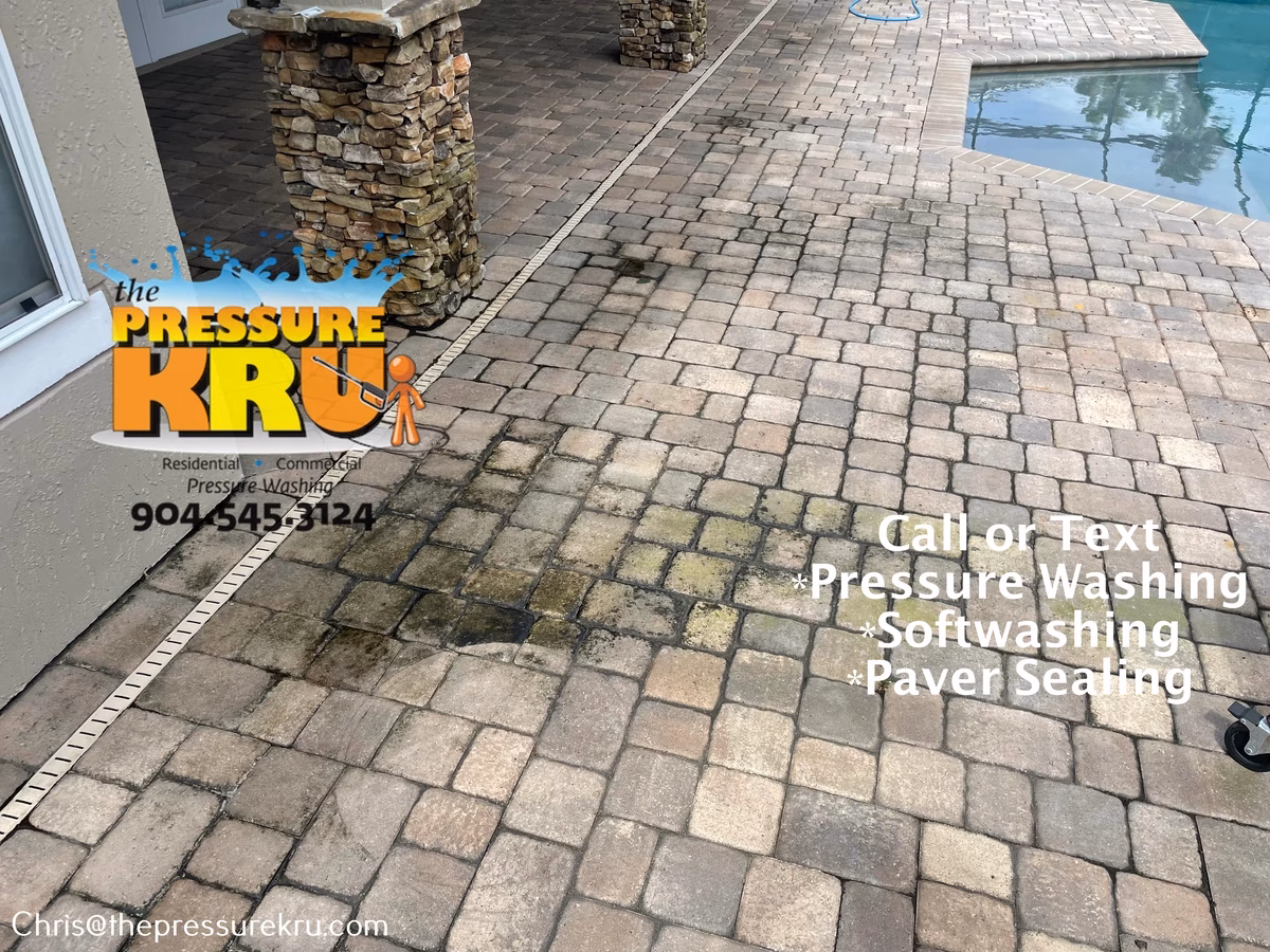 Pool deck pavers cleaned and rinsed in St. Johns, FL. Before.