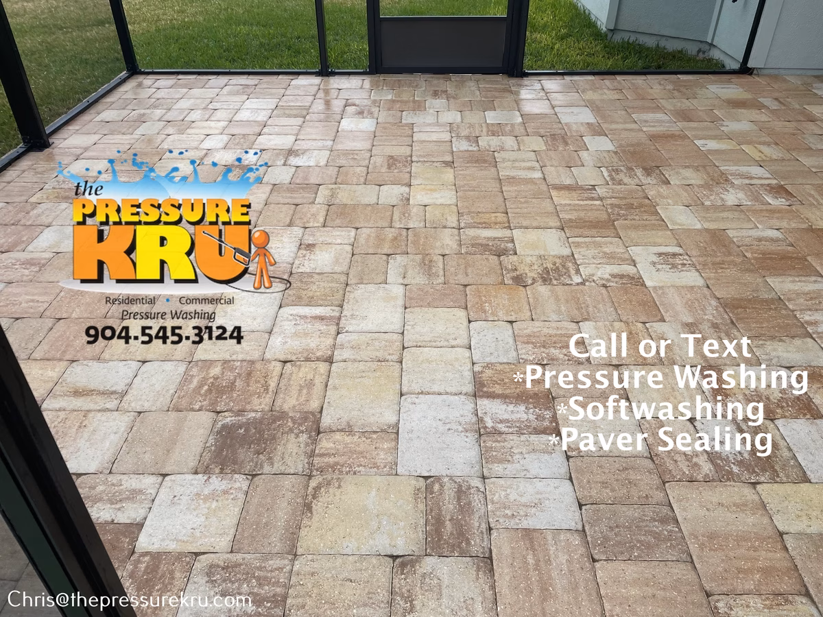 Brick paver patio pressure washing removed dirt and algae in St. Johns, FL after