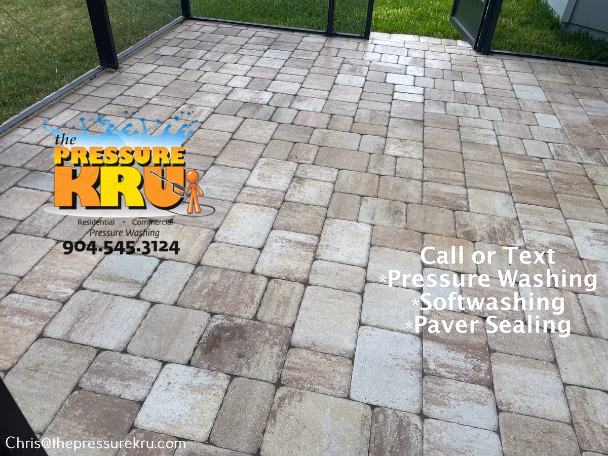 Brick paver patio pressure washing removed dirt and algae in St. Johns, FL before
