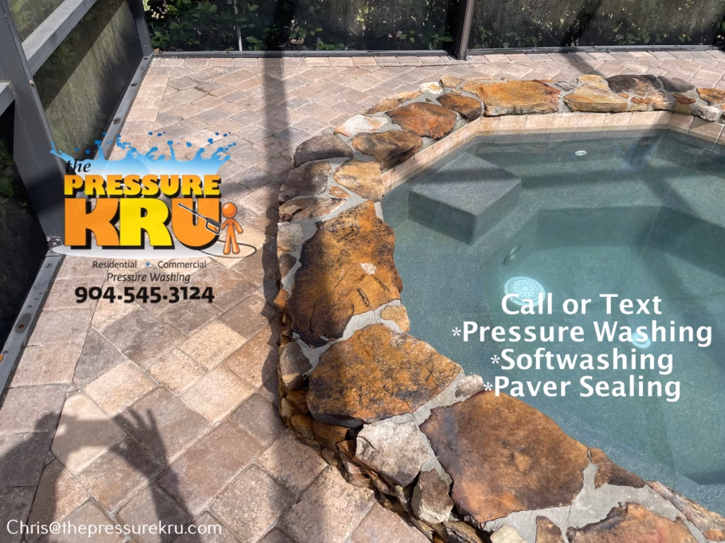 Pool deck surface cleaned with commercial equipment in Julington Creek Plantation after