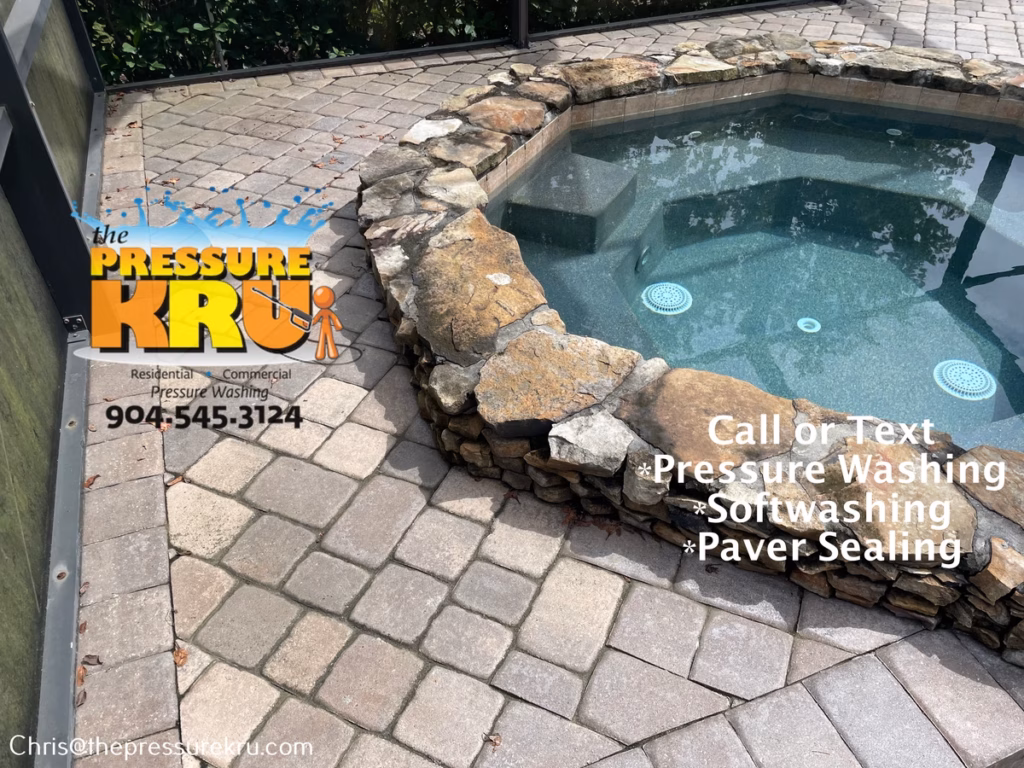 Pool deck surface cleaned with commercial equipment in Julington Creek Plantation before