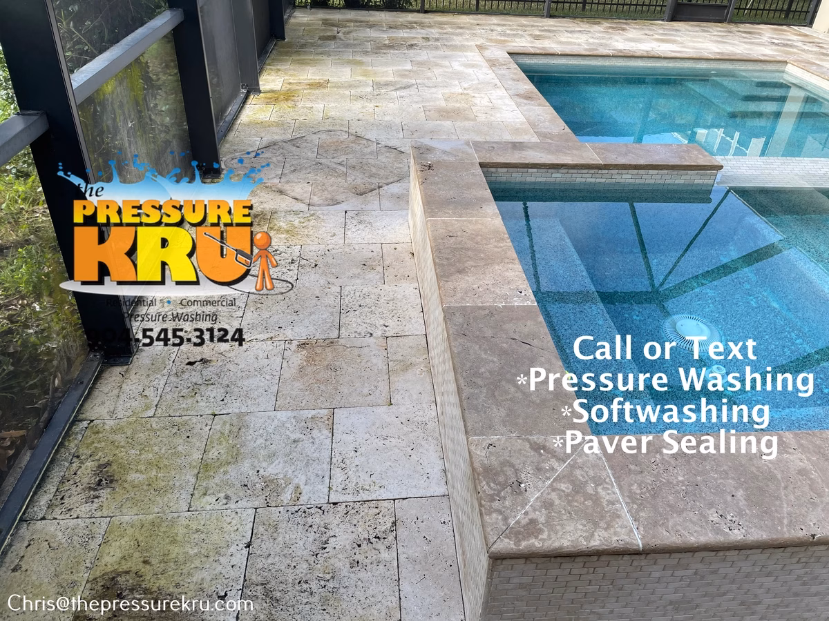 Pool deck soft washing before removing green algae in Ponte Vedra, FL