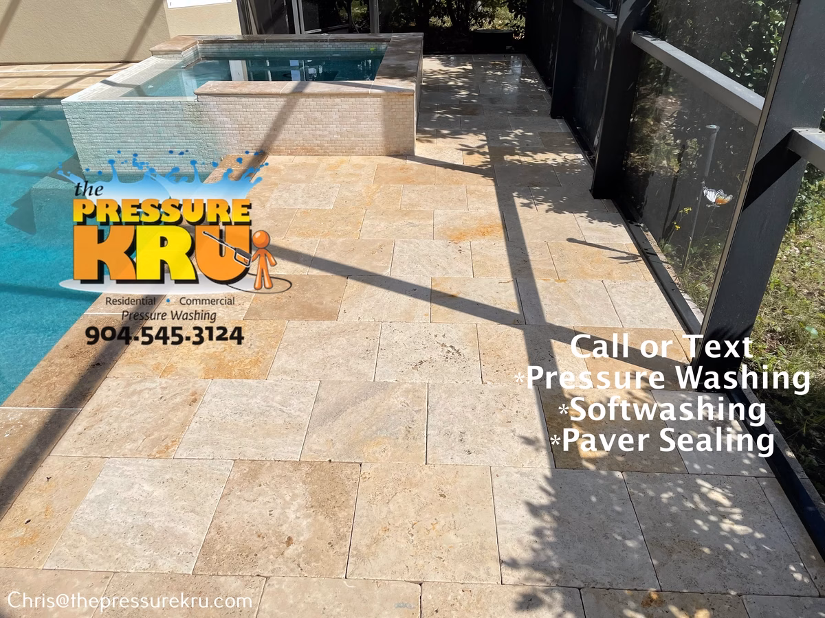 Travertine pool deck cleaning in St. Johns Golf & Country Club after.