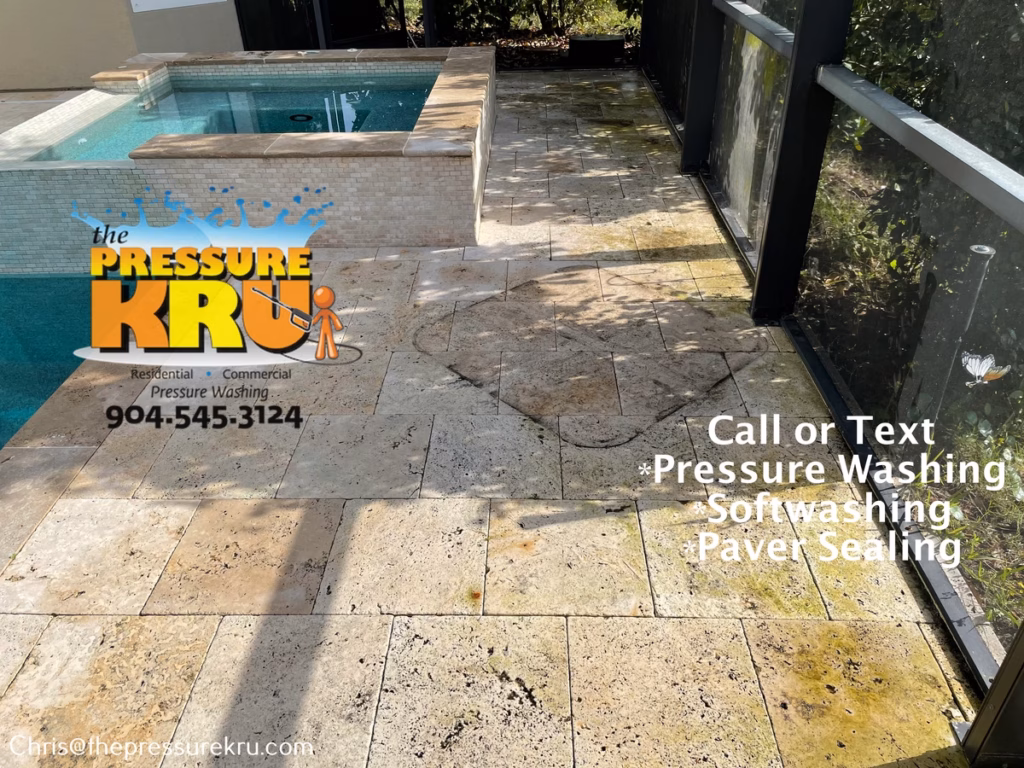 Travertine pool deck cleaning in St. Johns Golf & Country Club before.