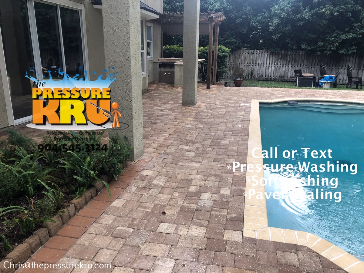 Pool deck pressure washing removed slippery organic growth in Rivertown after.