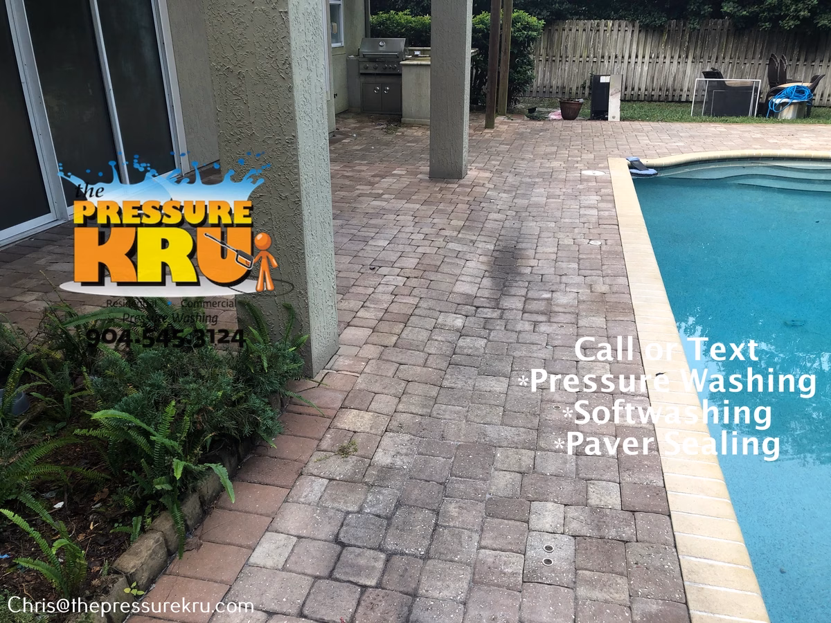 Pool deck pressure washing removed slippery organic growth in Rivertown before.