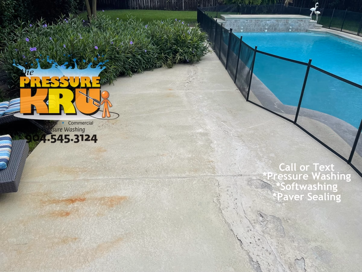 Soft wash painted pool deck damaged by prior pressure washing contractor in Sandy Creek after