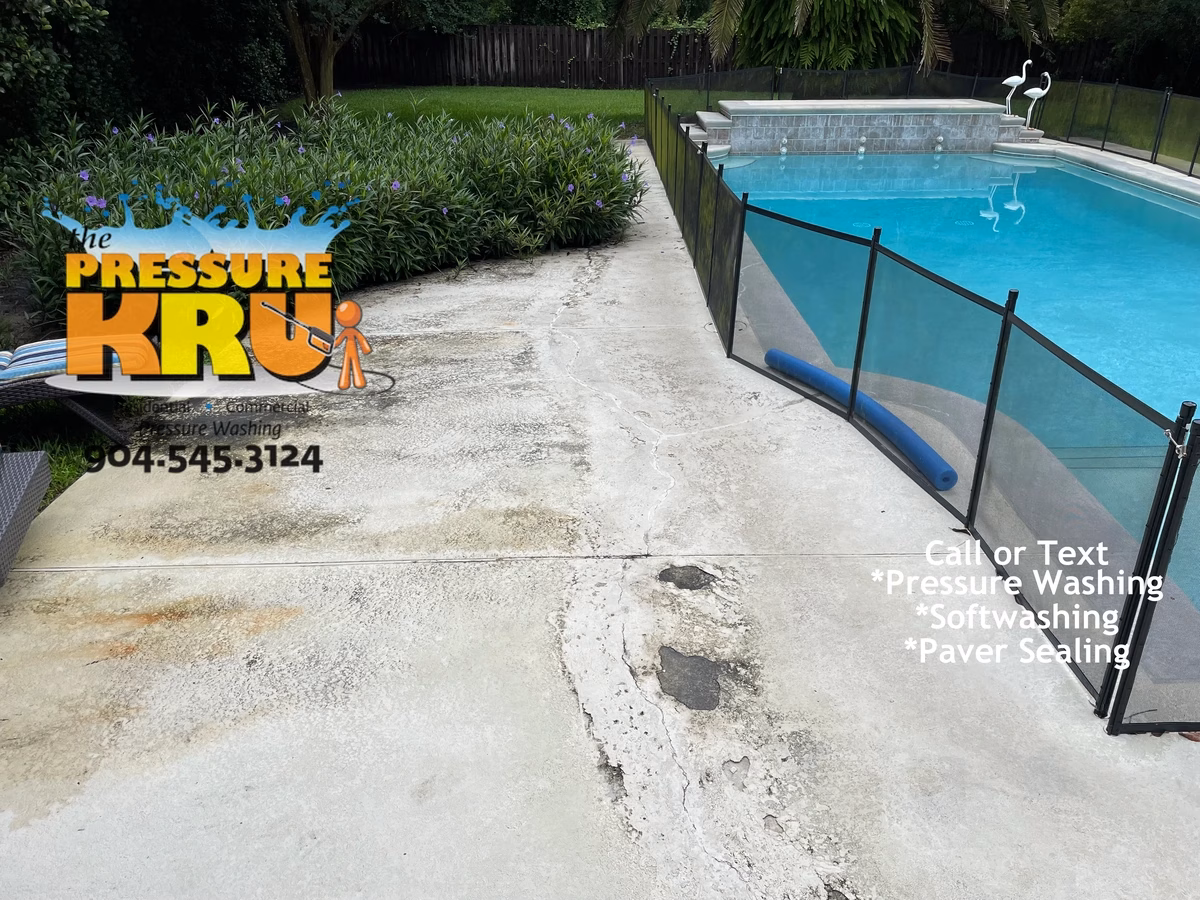 Soft wash painted pool deck damaged by prior pressure washing contractor in Sandy Creek before