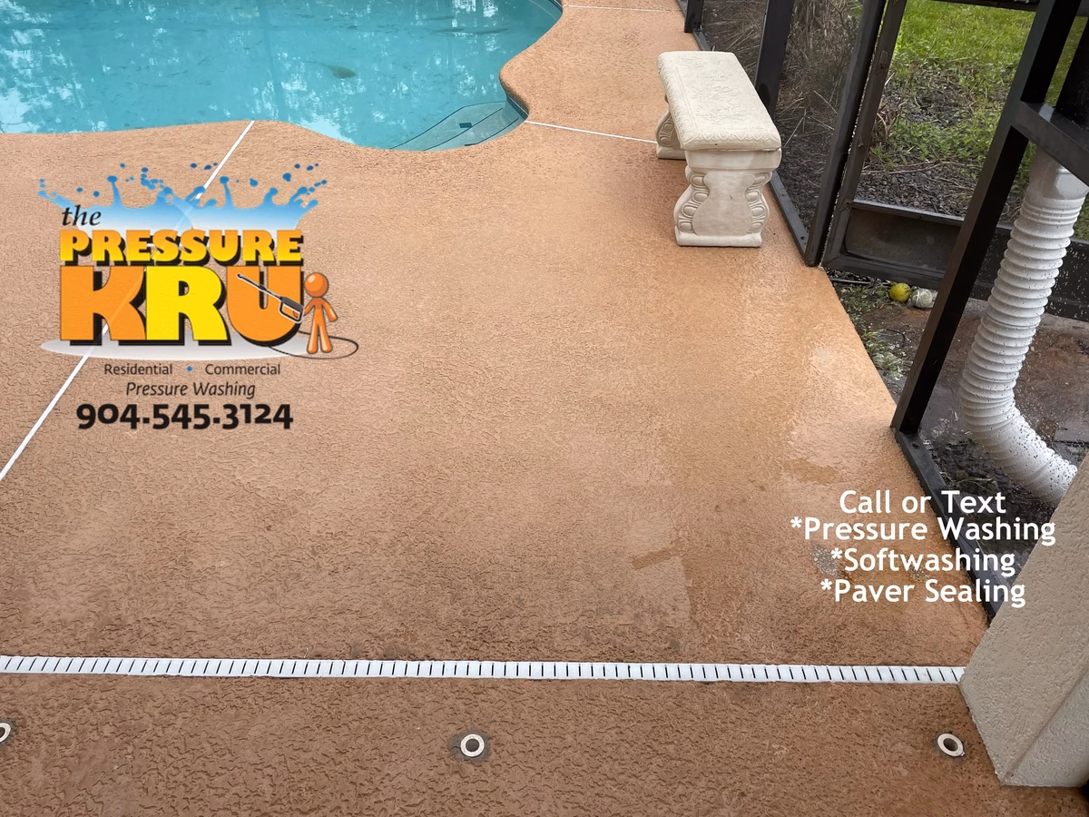 Local painted pool deck pressure washing company cleans surface in Johns Creek after
