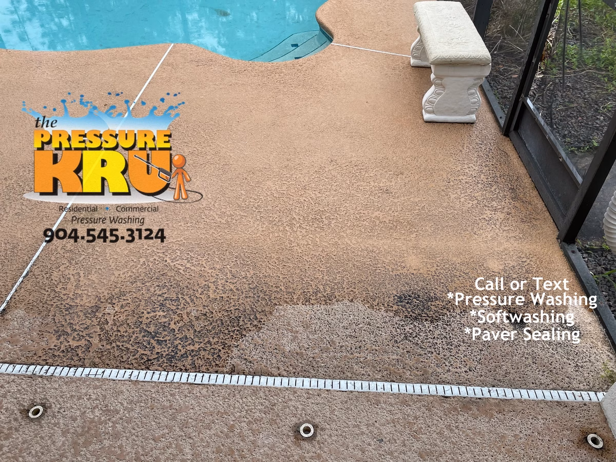 Local painted pool deck pressure washing company cleans surface in Johns Creek before