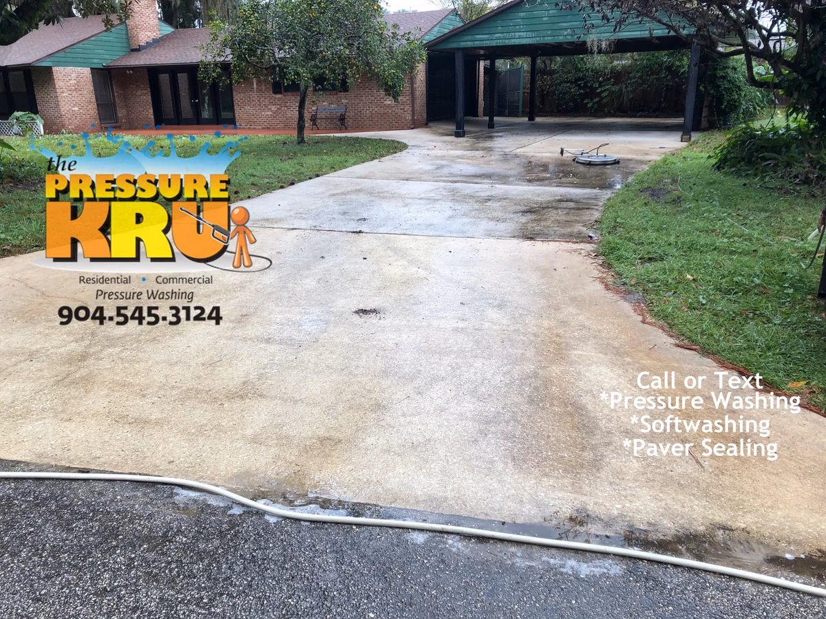Driveway cleaning service in St. Johns, FL before removing years of mold, mildew, and leaf tannin stains.