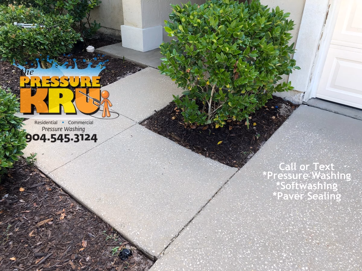 Concrete driveway restored with hot water pressure washing in Jacksonville, FL. After image.