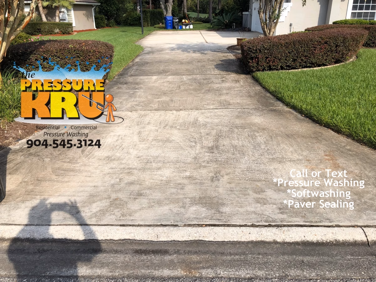 Driveway cleaning results before professional pressure washing in St. Johns, FL.