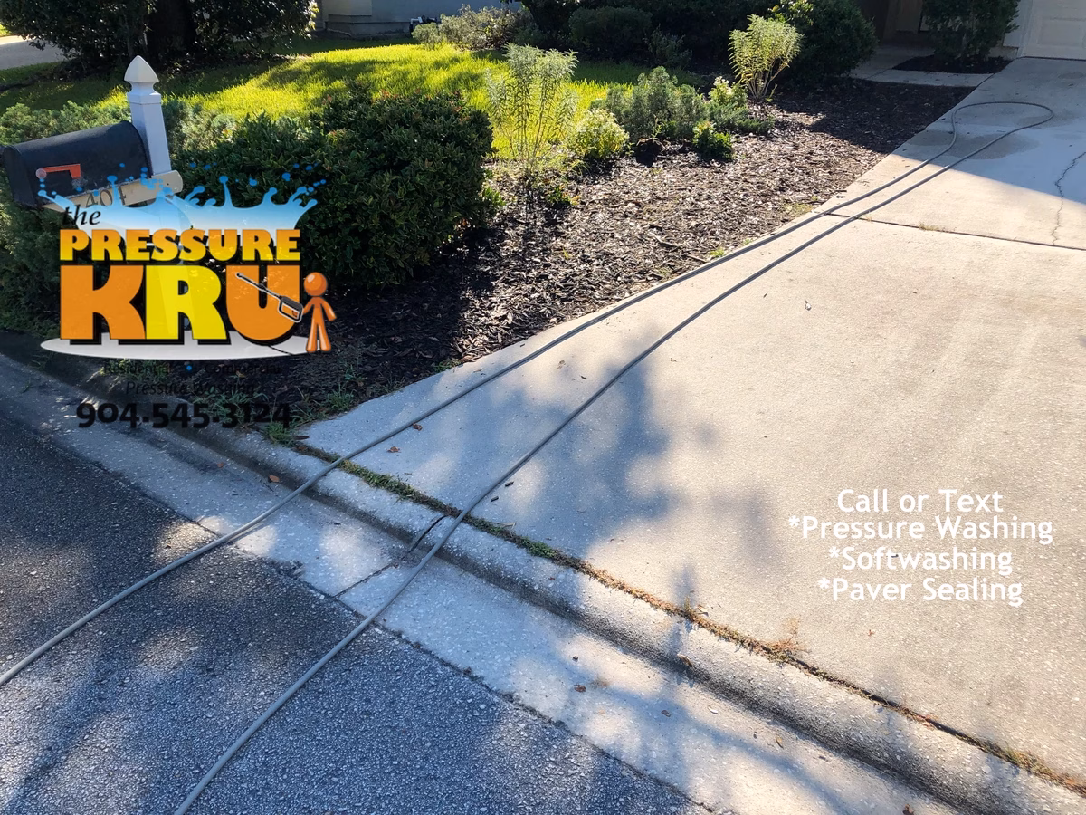 Before pressure washing stained concrete driveway and curbs in Jacksonville, FL.