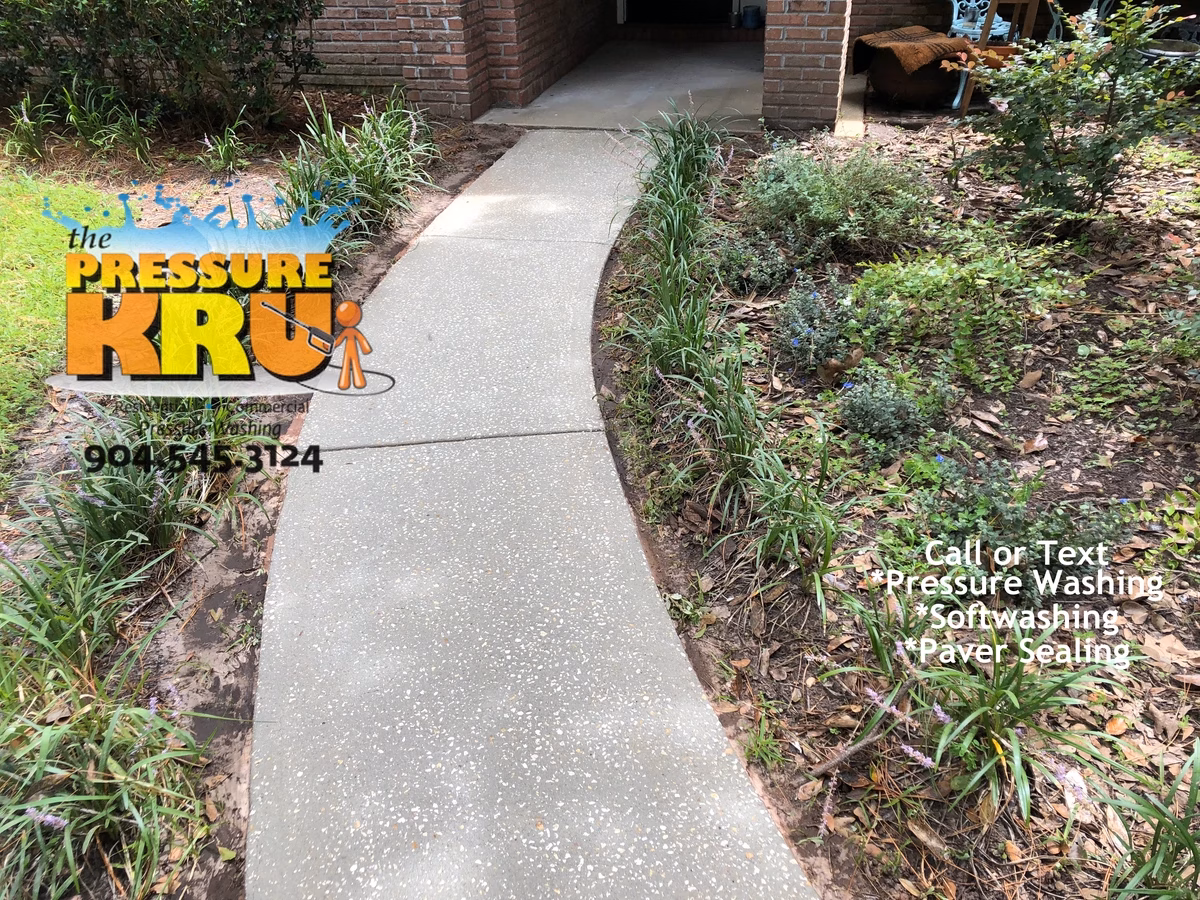 Concrete driveway cleaning in Jacksonville, FL. after professional cleaning to remove mold, mildew, and moss. You cannot clean better than a pro.