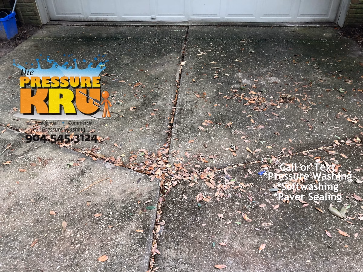 Driveway cleaning in Jacksonville, FL. before washing off mold and algae.