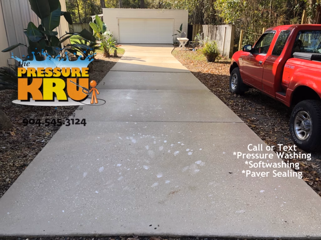Driveway cleaning service in St. Augustine, FL 32092 after removing years of grime.