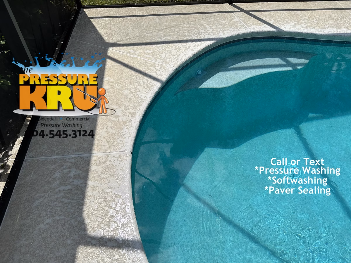 Pressure cleaning painted pool deck with soft washing in Greenbriar after