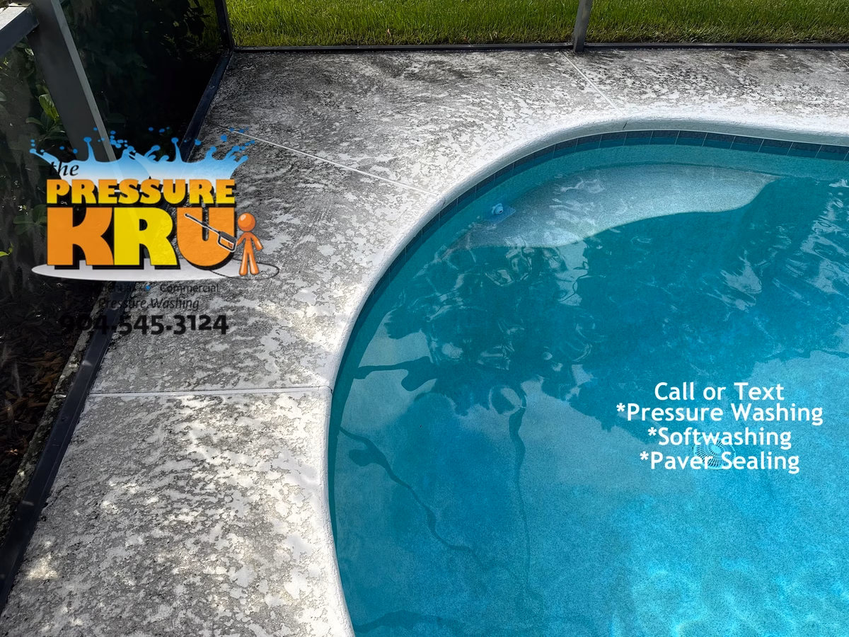 Pressure cleaning painted pool deck with soft washing in Greenbriar before