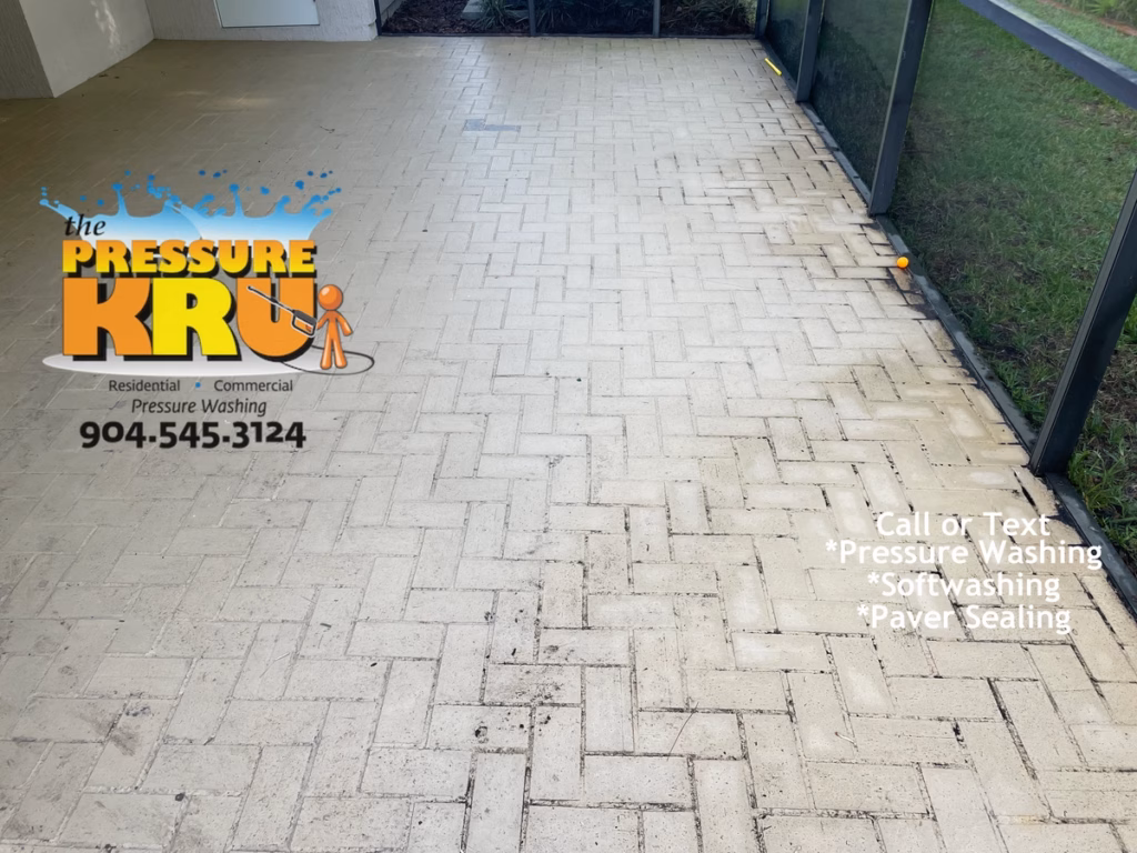 Painted rear patio soft washing service in East Hampton before