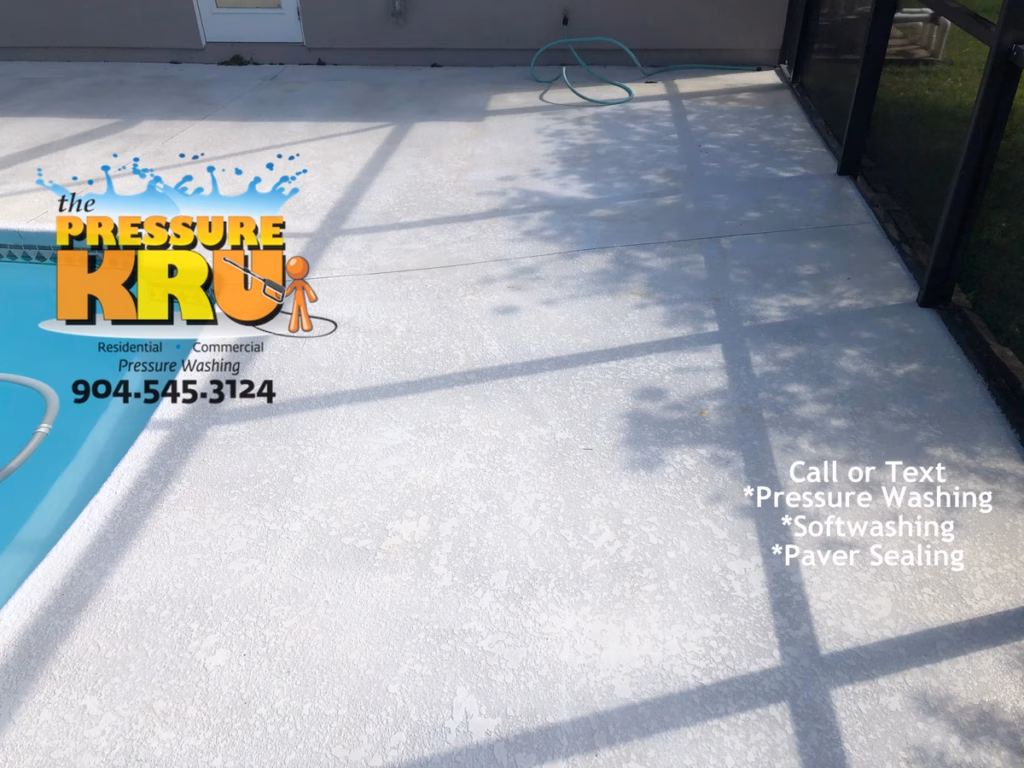 Soft wash painted pool deck to protect finish in St. Johns Forest after
