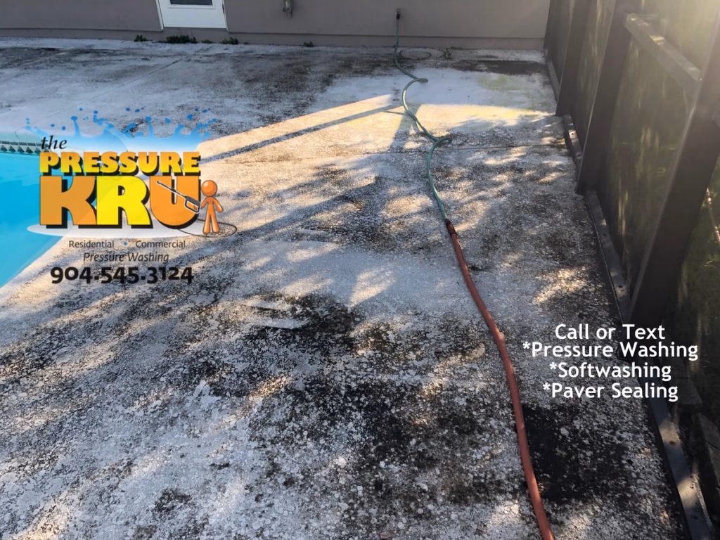 Soft wash painted pool deck to protect finish in St. Johns Forest before