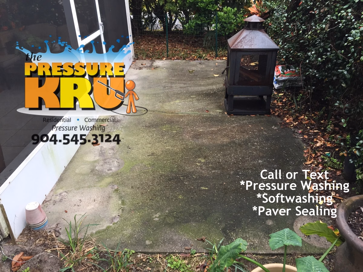 Patio pressure washing service in St. Augustine, FL before professional cleaning.