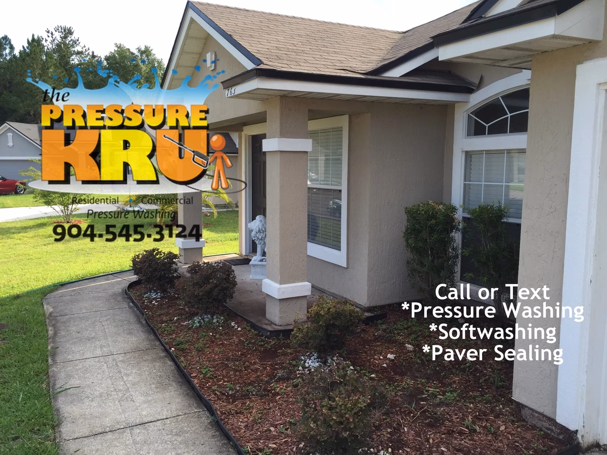 Concrete sidewalk professional cleaning in St. Augustine, FL before post softwash chemical treatment.