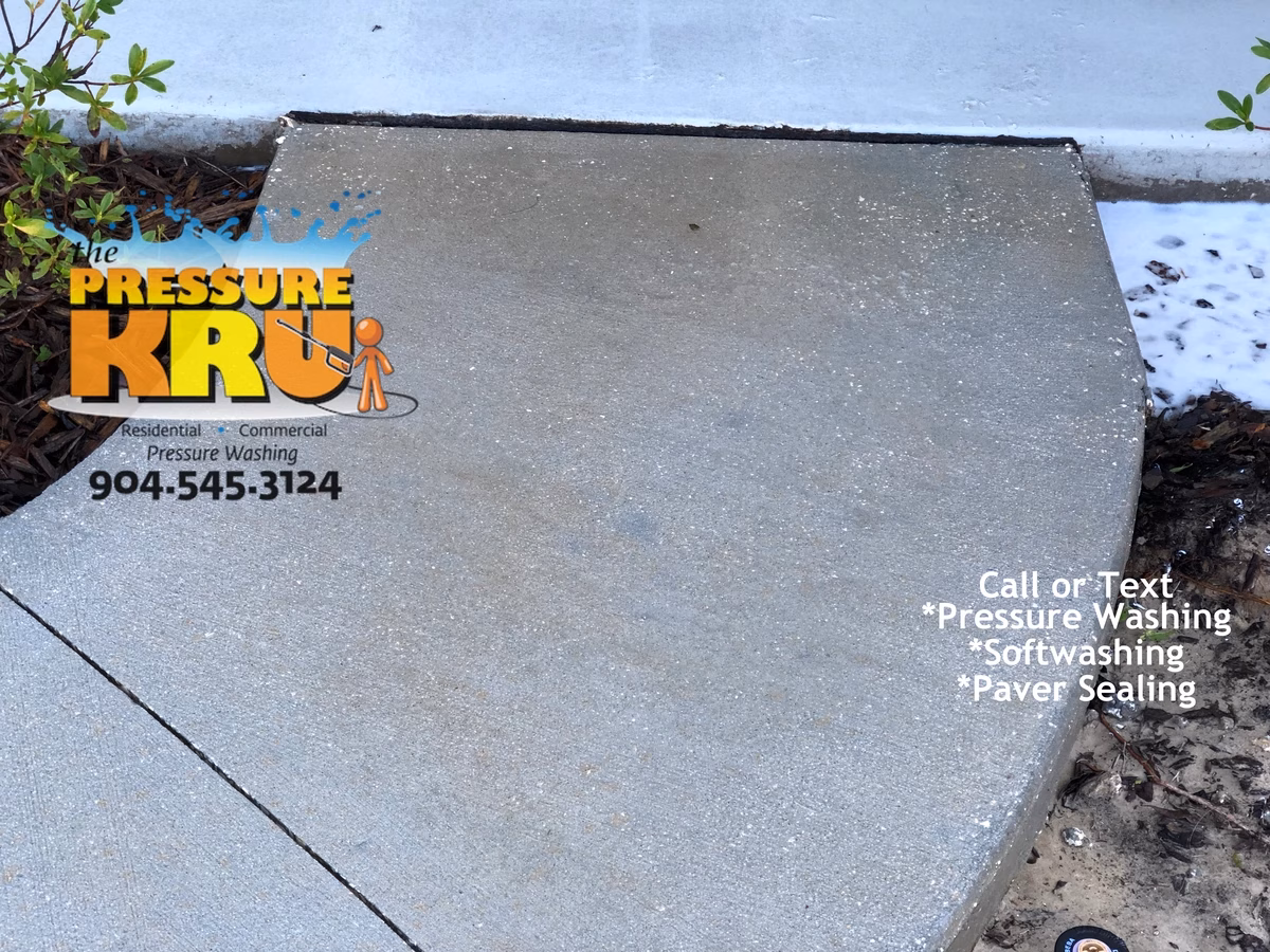 Concrete sidewalk cleaning service in St. Johns, FL after cleaning home exterior. Softwash chemicals used to clean the house also cleaned the sidewalk.