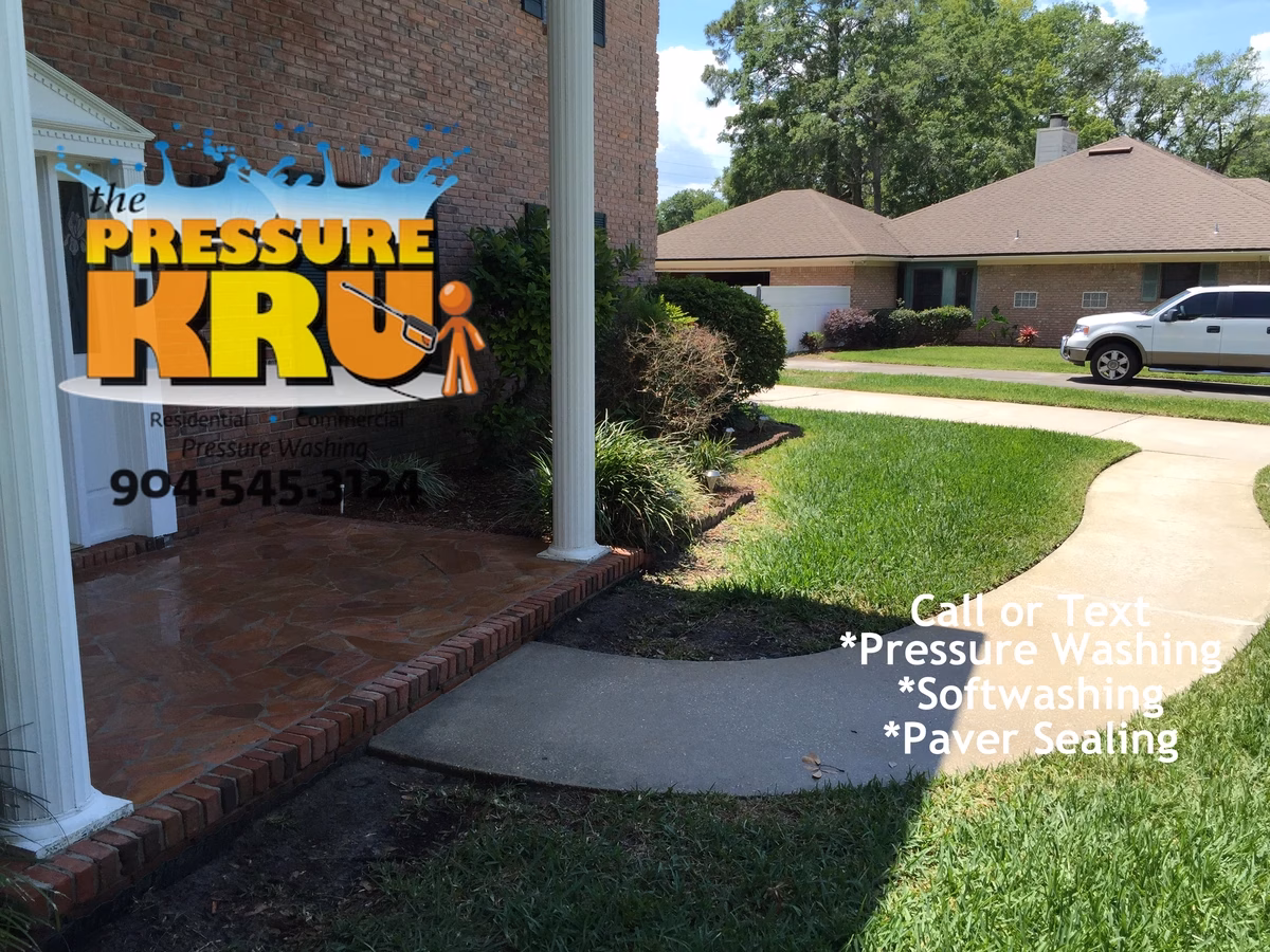 Driveway pressure washing service in St. Johns, FL after chemical treatment. Looks Brand New!