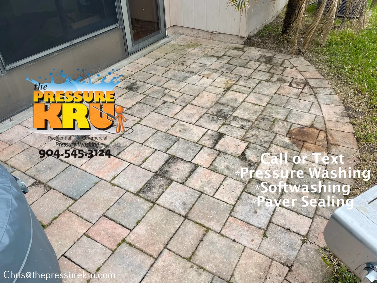 Paver patio pressure washing completed in Creekside before
