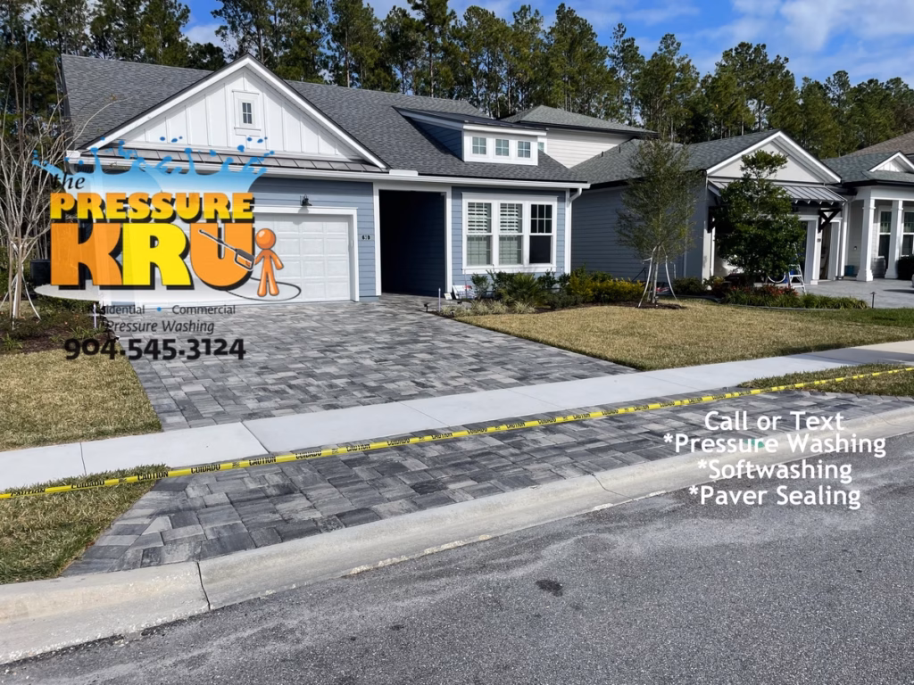 Freshly sealed paver driveway in Saint Johns County home after
