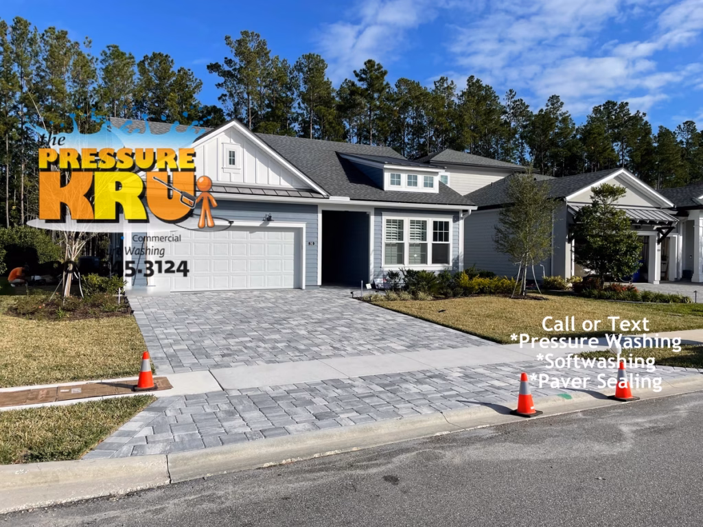 Freshly sealed paver driveway in Saint Johns County home before