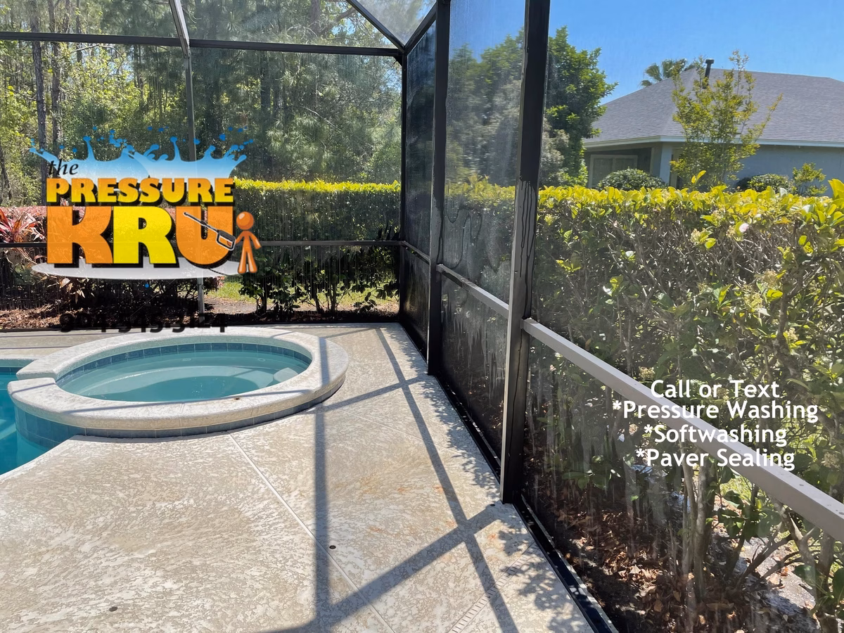 Painted pool deck soft washing service in Oxford Estates after