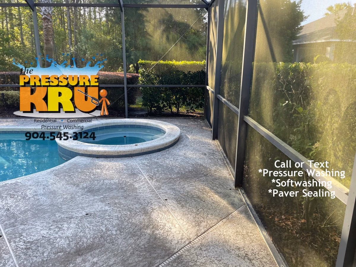 Painted pool deck soft washing service in Oxford Estates before