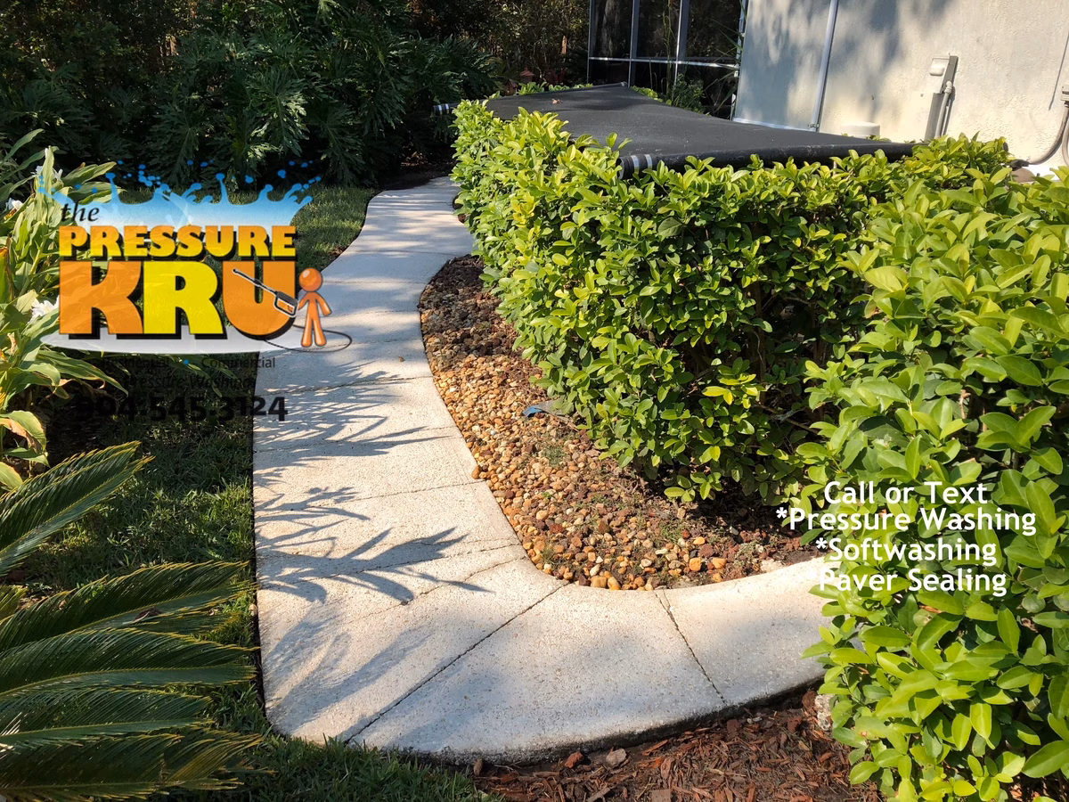 Concrete patio pressure washing in St. Augustine, FL after chemical treatment.
