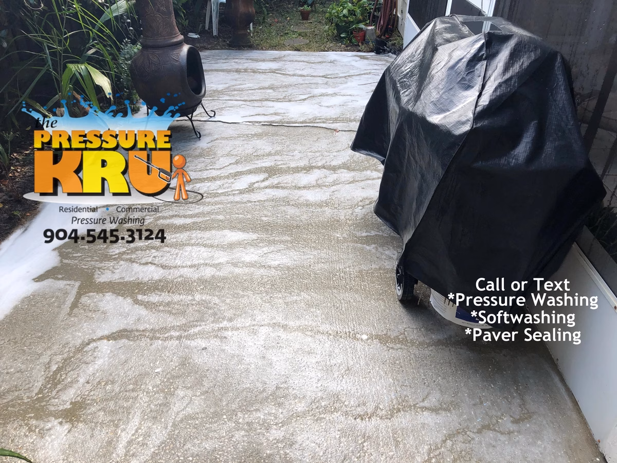 Rear patio cleaning in St Johns FL after high pressure cleaning and softwash chemical post-treatment.