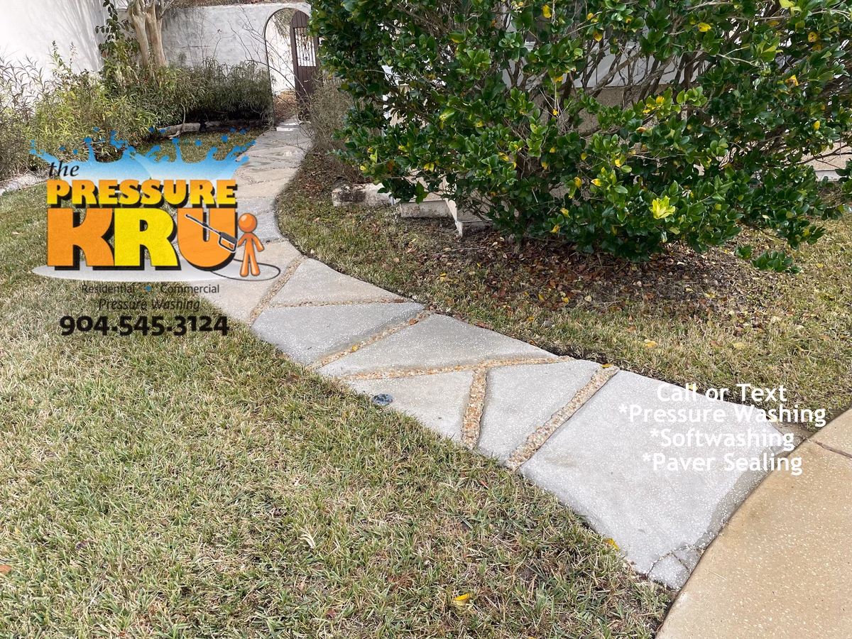 Residential pressure washing stamped concrete in Dubin Crossing after