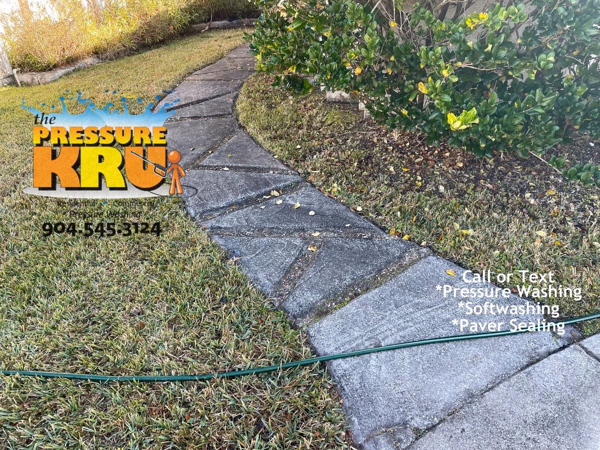Residential pressure washing stamped concrete in Dubin Crossing before