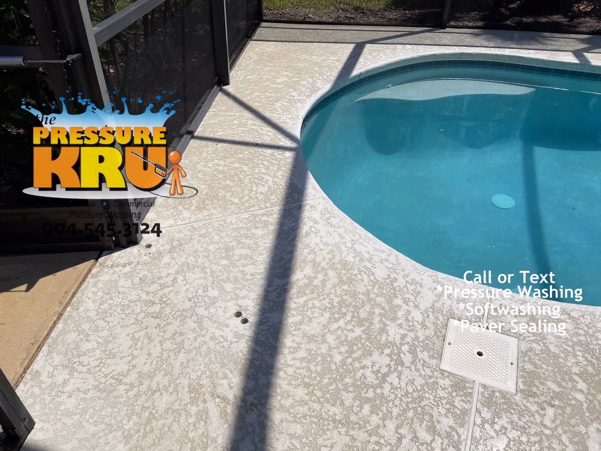 Painted swimming pool deck soft washing in South Hampton after