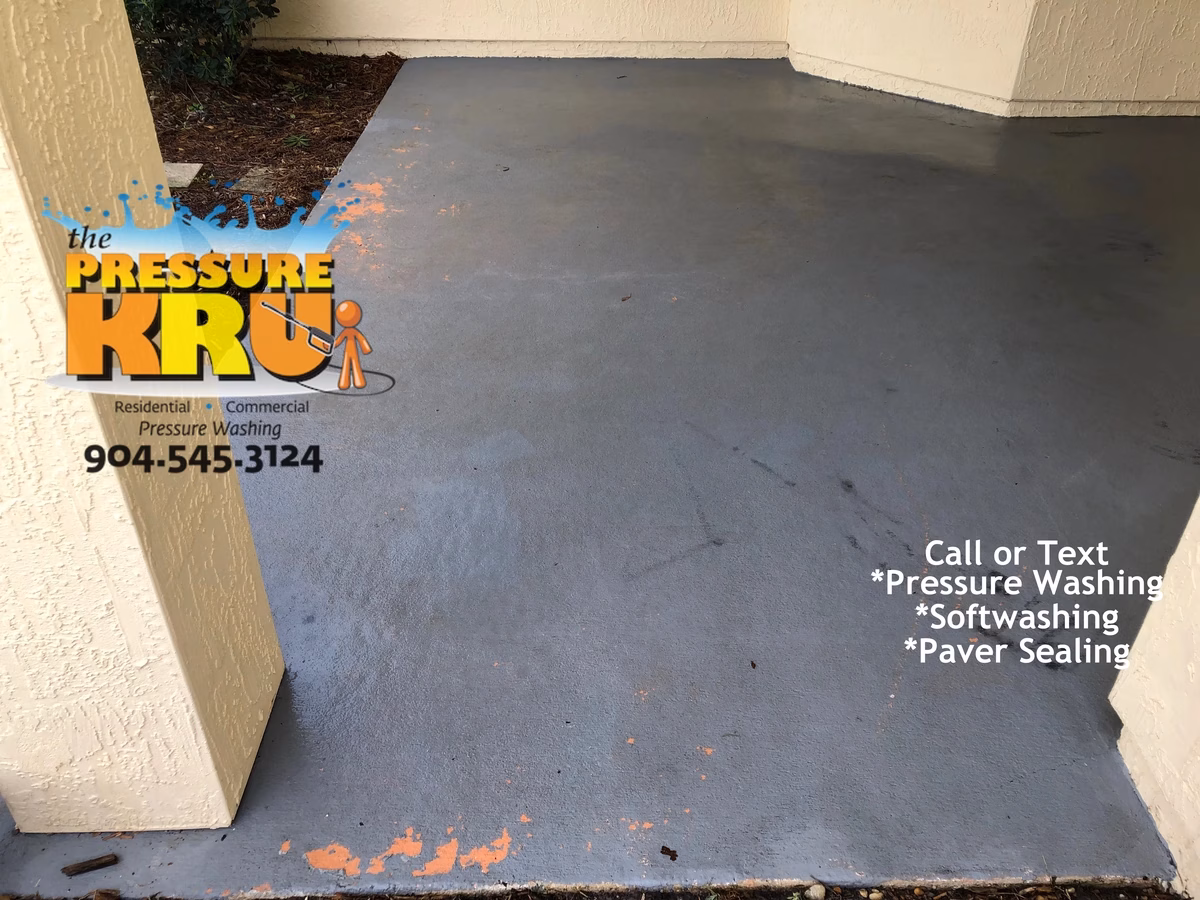 Pressure washing mud stained rear patio floor from dogs in St. Johns Golf & Country Club after