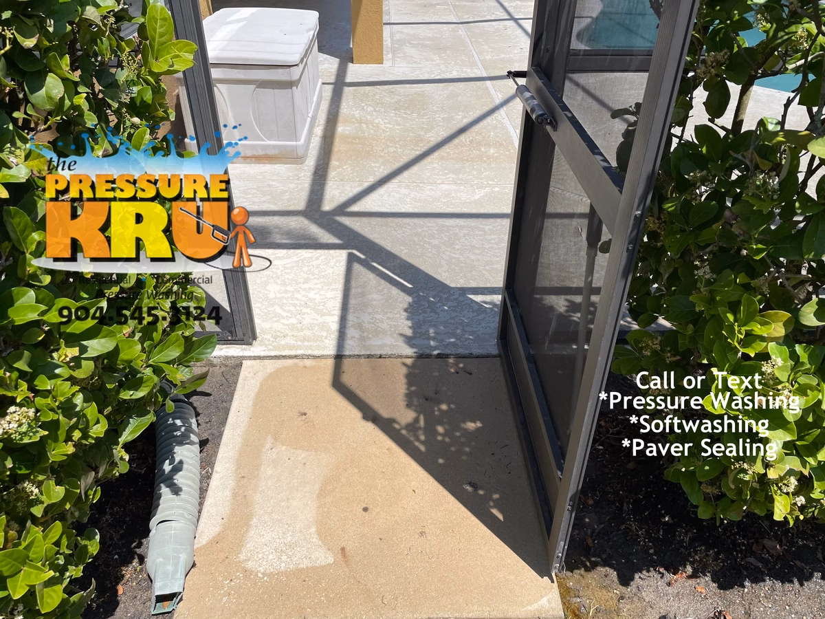 Painted concrete pool deck pressure washing in Bartram Springs after