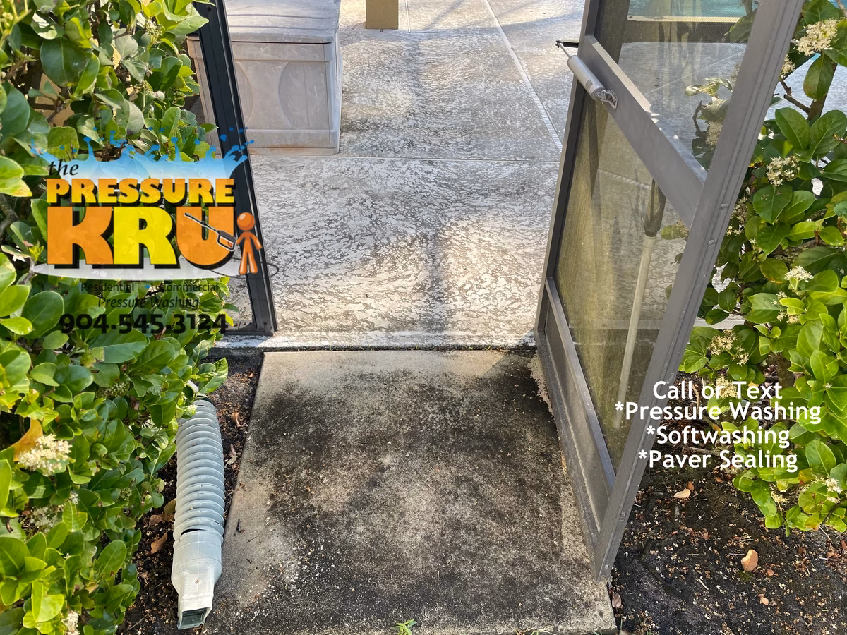 Painted concrete pool deck pressure washing in Bartram Springs before