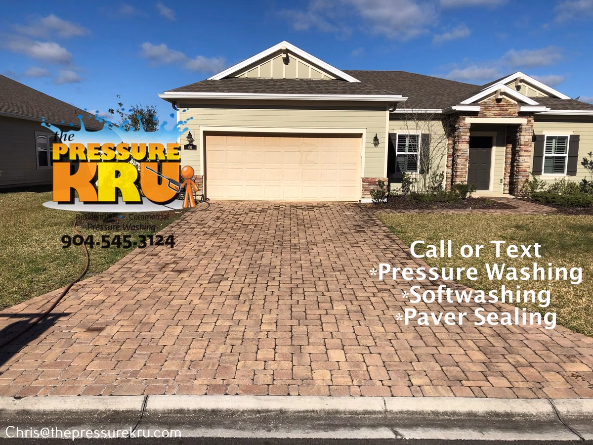 Using surface cleaner on interlocking paver driveway before in Julington Creek Plantation.