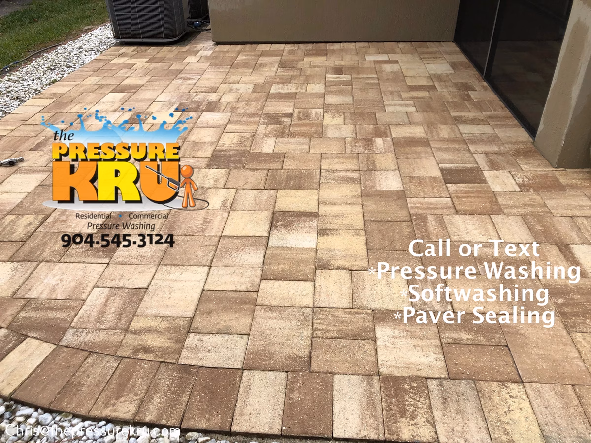 Restored paver patio after pressure washing in Stillwater.