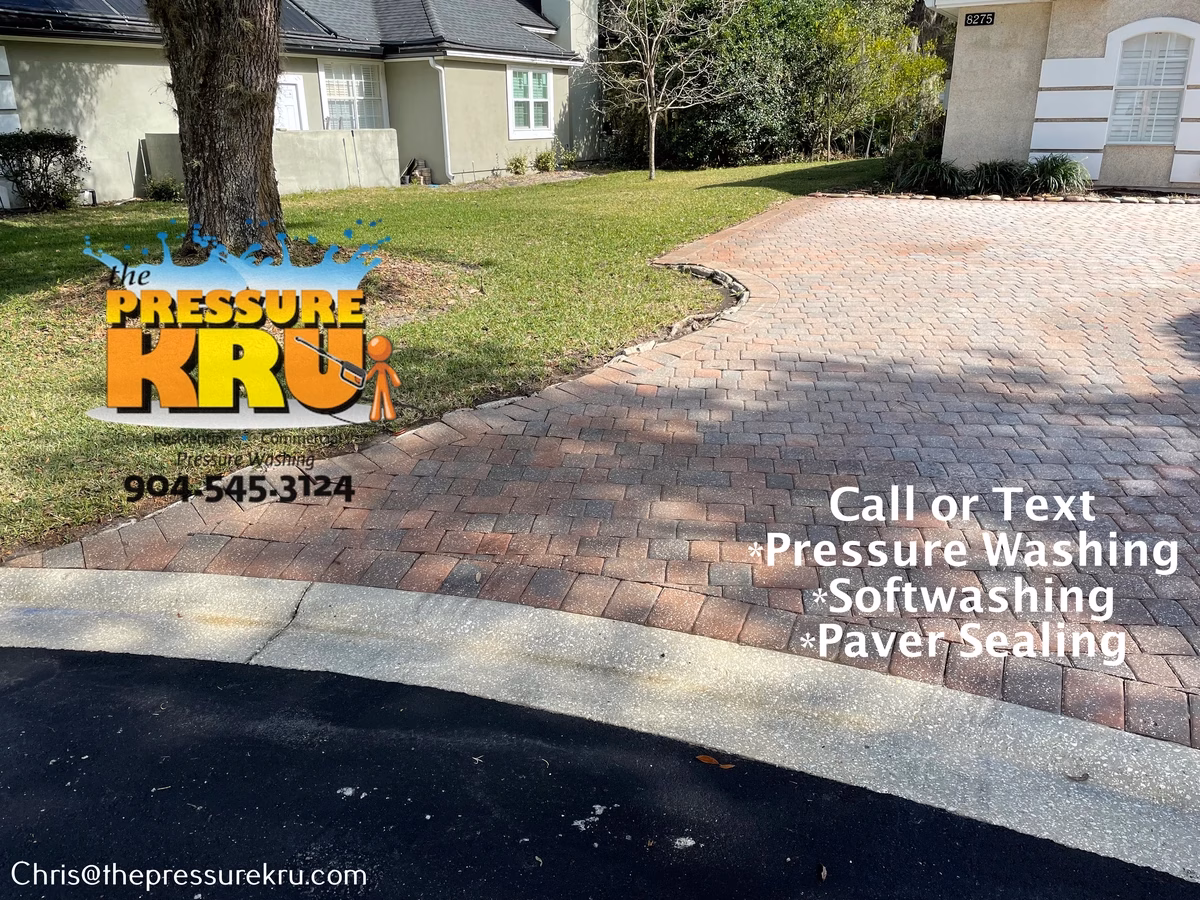 Removing dirt and stains from paver driveway after in Greenleaf Village.