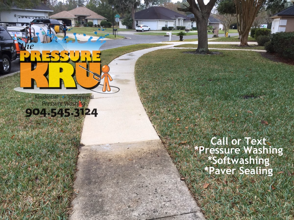 Concrete sidewalk cleaning in St Augustine FL after. Notice the uniformity of chemical cleaning.