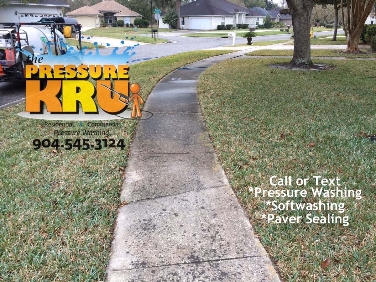Concrete sidewalk cleaning in St Augustine FL before. Notice round black mold spots on concrete. Removing those round mold spots with high pressure alone would damage the concrete.