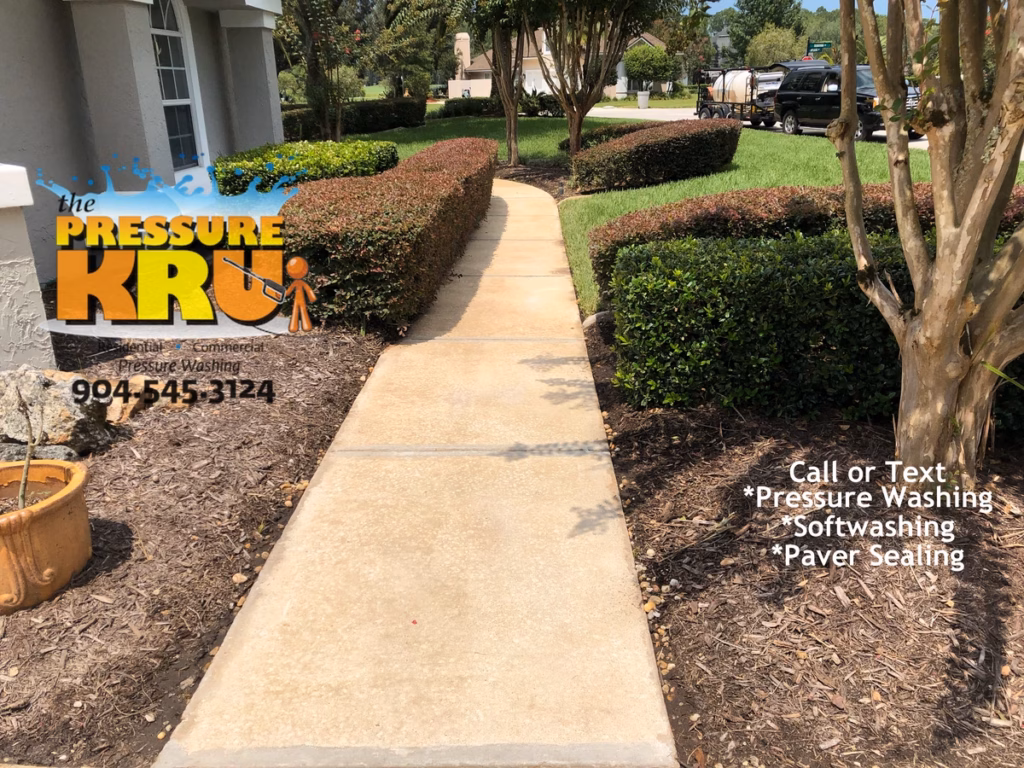 Concrete sidewalk pressure washing in St Johns FL after cleaning. This sidewalk had poor drainage and home owner attempted to clean with high pressure only and no chemical.